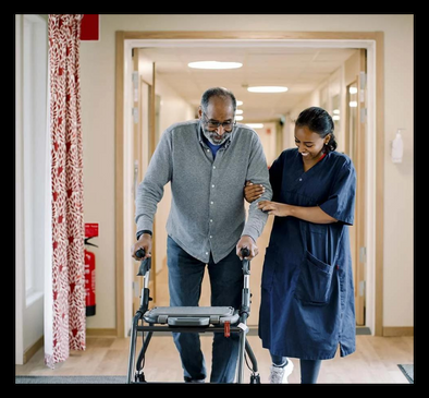 A caregiver warmly assisting a resident with a walker